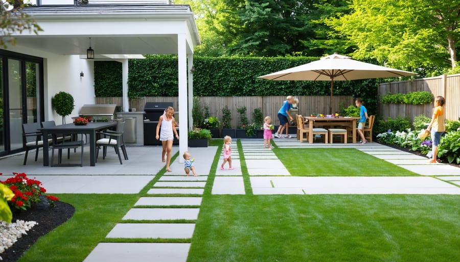 A well-organized backyard illustrating distinct zones for children playing, adults dining, and gardening, with clear pathways and storage solutions blending into the landscape.