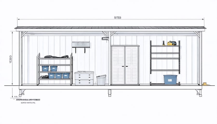 Step-by-step installation diagram of a renewable energy storage system for sheds