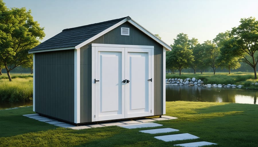 A serene image of a shed in a suburban area, representing a peaceful, soundproofed retreat with visual elements suggesting advanced sound-deadening insulation techniques.