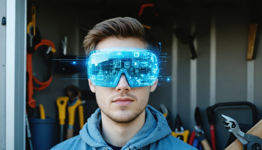 Smart glasses user viewing augmented reality overlay of tool inventory in a storage shed