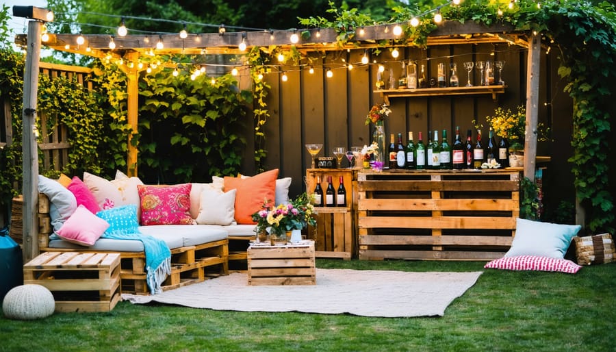 "Charming backyard entertainment setup featuring string lights, DIY pallet furniture with colorful cushions, and a rustic beverage station against a lush green backdrop."