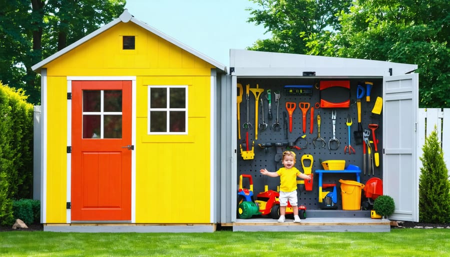 A family enjoying their transformed backyard with a colorful playhouse and attached storage shed. The playhouse is lively and inviting for children, while the storage part is practical and organized.