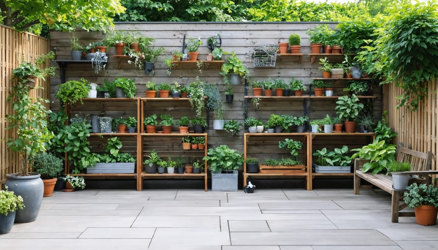 A well-designed outdoor area featuring weatherproof shelving made from teak, cedar, aluminum, and HDPE, stylishly arranged with plants and gardening tools to create an organized outdoor oasis.