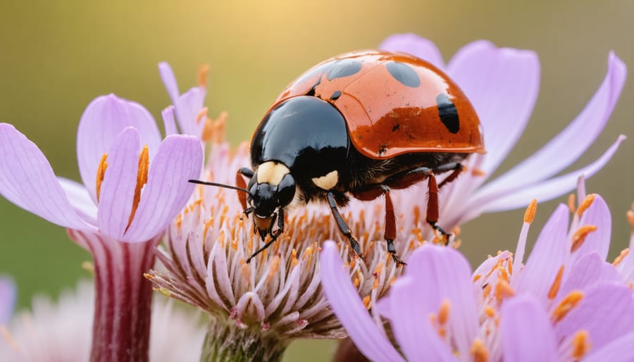 Close-up of beneficial insects pollinating and protecting garden plants