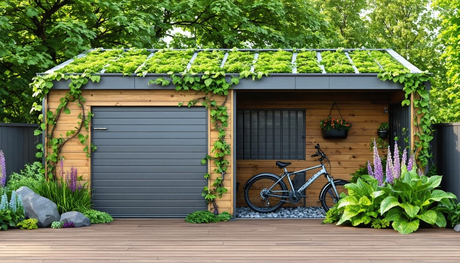 Outdoor storage shed with a green roof adorned with native plants, surrounded by climbing vines and integrated into a lush garden setting, showcasing the harmony of biophilic design.