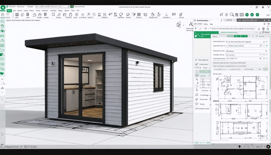 3D visualization of a modern multi-purpose shed design using virtual design software, featuring digital tools, materials list, and cost estimation.