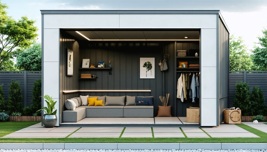 Stylish outdoor storage shed featuring built-in seating and multi-functional wall design