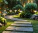 Nighttime garden pathway gently illuminated by solar-powered LED lights, emphasizing an eco-friendly and energy-efficient outdoor lighting solution.