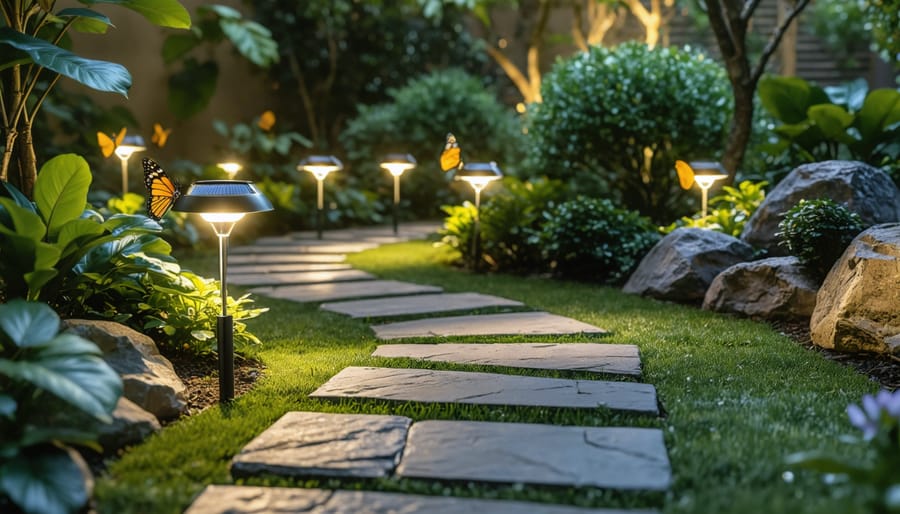 Nighttime garden pathway gently illuminated by solar-powered LED lights, emphasizing an eco-friendly and energy-efficient outdoor lighting solution.