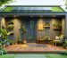 A modern garden shed surrounded by greenery, featuring bamboo flooring, a solar panel on the roof, and eco-friendly electrical materials like lead-free cables and recycled metal conduits.