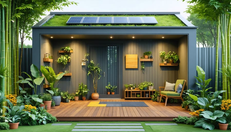 A modern garden shed surrounded by greenery, featuring bamboo flooring, a solar panel on the roof, and eco-friendly electrical materials like lead-free cables and recycled metal conduits.