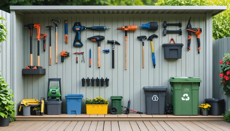 Organized eco-friendly garden tool storage system in shed