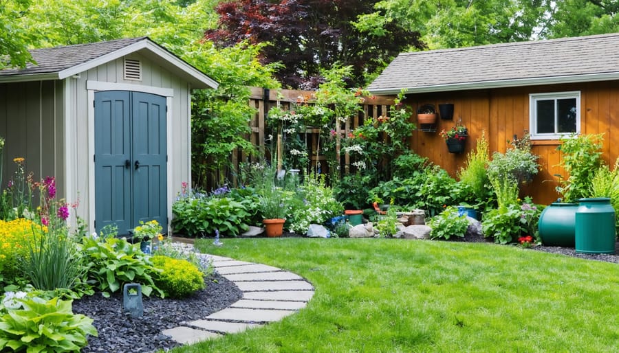 An eco-friendly backyard with native plants, rain barrels, drought-tolerant landscaping, and a well-organized shed. The yard is vibrant, teeming with birds and butterflies, representing sustainable and harmonious living with nature.