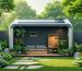 A modern storage shed made from hemp plastic, situated in a vibrant garden setting, emphasizing eco-friendly and sustainable design elements.