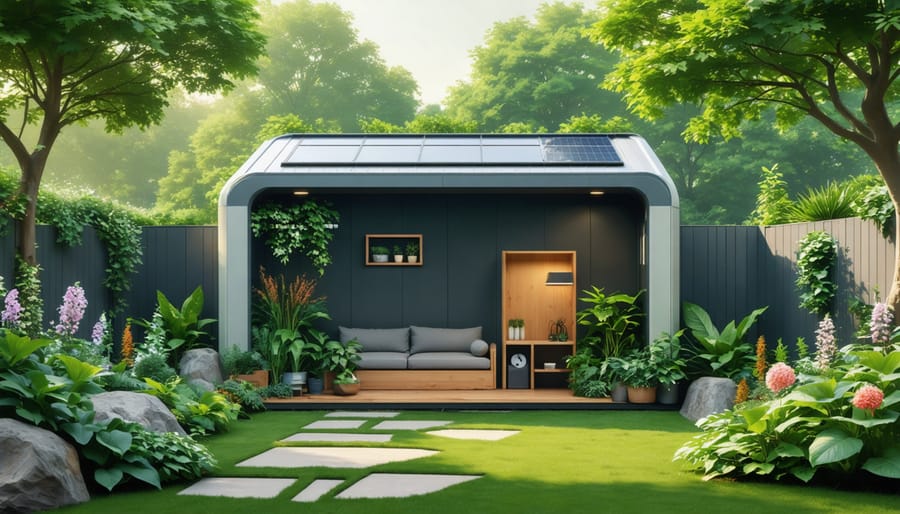 A modern storage shed made from hemp plastic, situated in a vibrant garden setting, emphasizing eco-friendly and sustainable design elements.