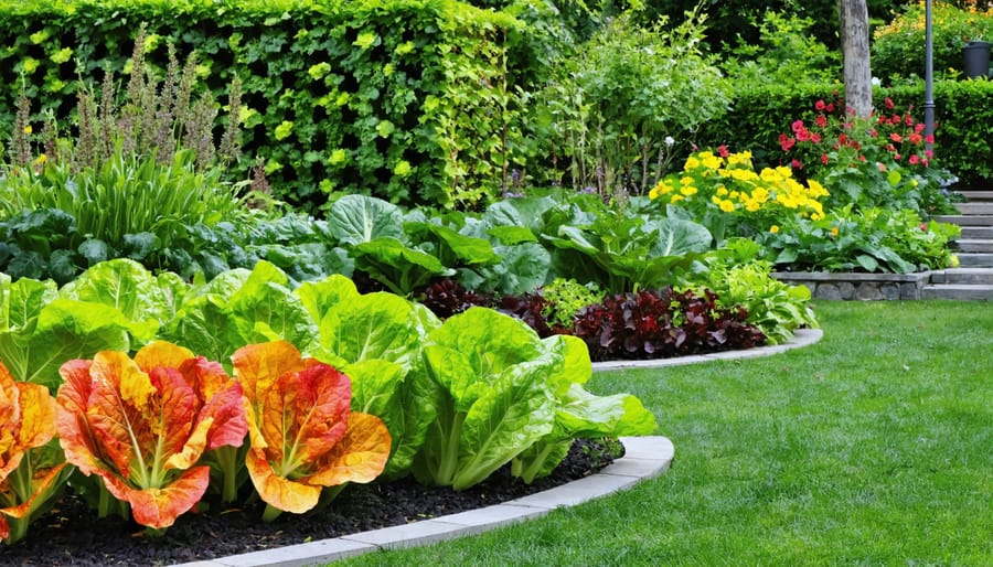 A beautifully landscaped yard combining colorful Swiss chard, espaliered fruit trees, and decorative herbs, showcasing the art of edible landscaping.