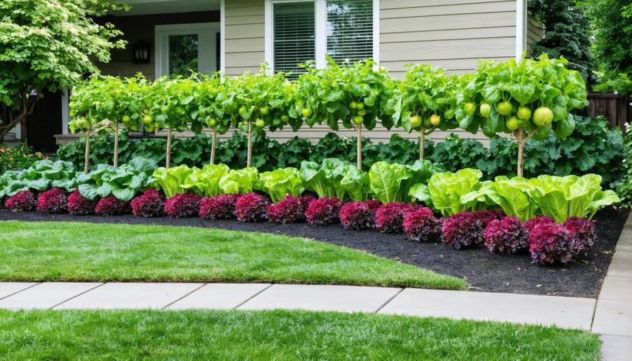 Front yard landscape design combining decorative flowers with edible plants and fruit trees