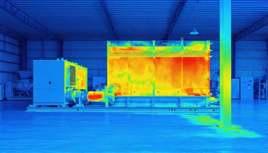 Thermal image of a generator shed showing temperature variations and heat buildup areas