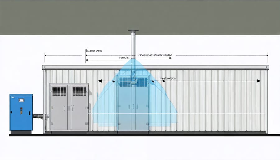 Cross-section diagram of a generator shed showing ventilation components and air circulation