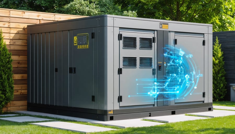Exterior of a generator shed with modern ventilation features showing intake and exhaust vents. Visible airflow patterns demonstrate effective cooling and safety measures.