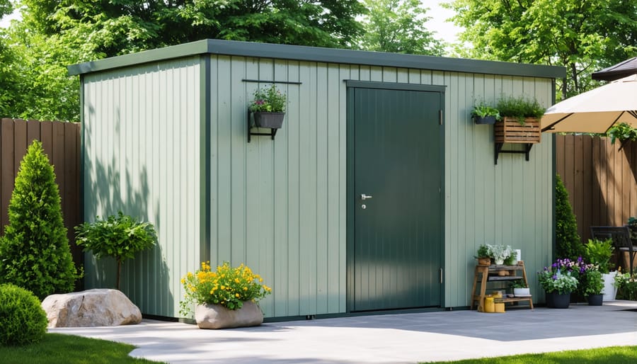 Contemporary-style garden shed made from hemp plastic materials in a landscaped backyard