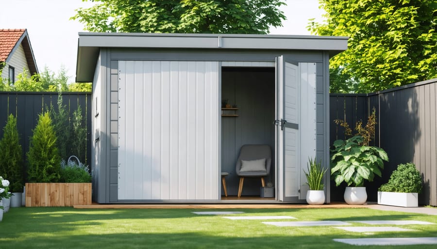 Contemporary-style garden shed made from hemp plastic materials in a landscaped backyard