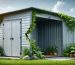 Transformation depiction of a traditional plastic shed into an eco-friendly hemp plastic shed surrounded by greenery, emphasizing sustainability and innovation.