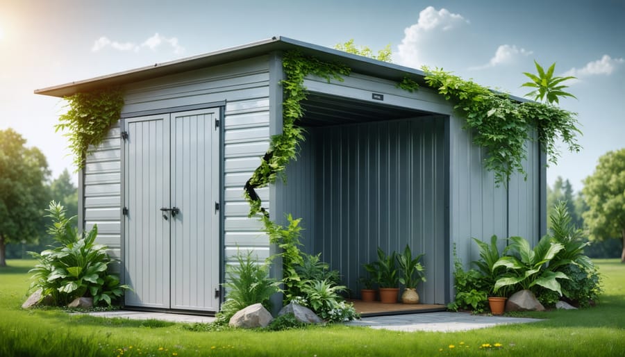 Transformation depiction of a traditional plastic shed into an eco-friendly hemp plastic shed surrounded by greenery, emphasizing sustainability and innovation.