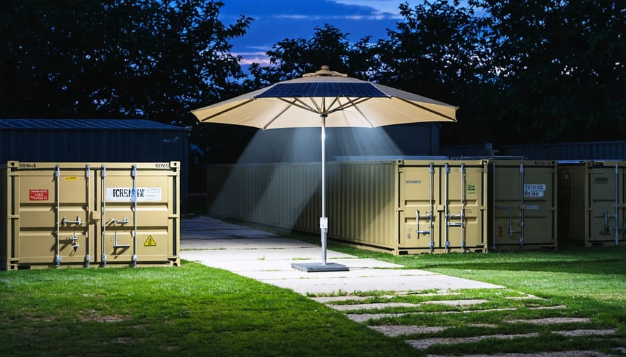 Evening scene of illuminated outdoor storage area under solar umbrella