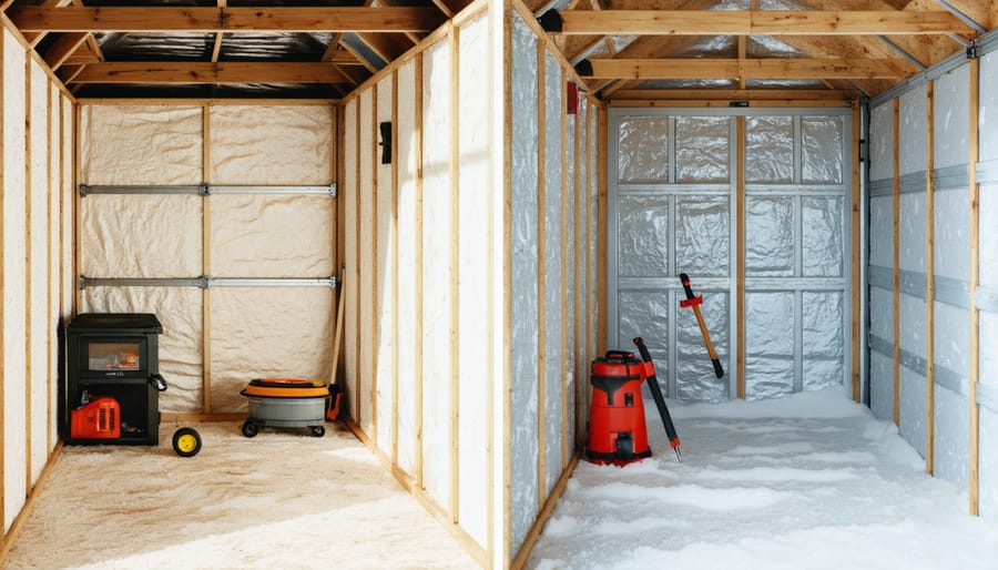 Split-screen image showing the interior of a shed with insulated (cozy, warm) and uninsulated (cold, damp) sections, emphasizing the benefits of proper insulation.