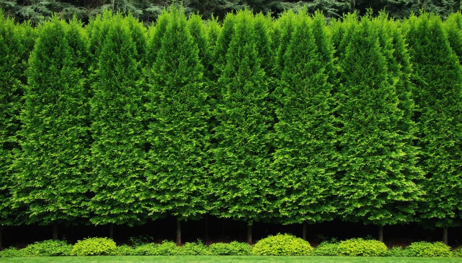 Multi-layered landscaping with evergreen trees and shrubs creating a natural sound barrier