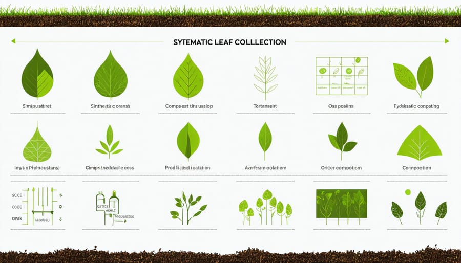 Step-by-step demonstration of leaf management including raking, bagging, and composting