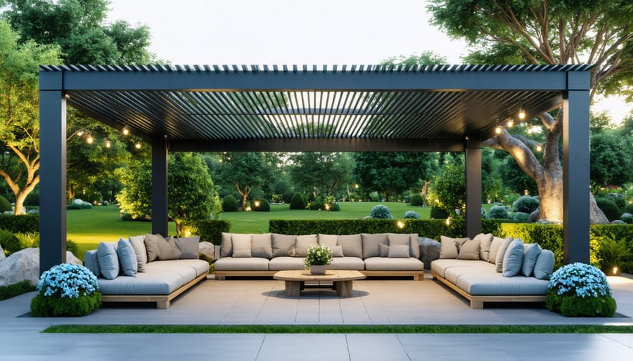 Elegant 3-sided outdoor pergola with comfortable seating area and open view to garden