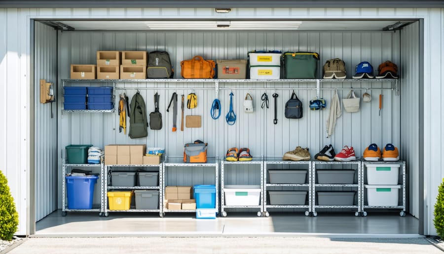 Organized interior of storage shed with customizable shelving and storage solutions