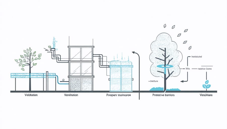Illustrated diagram of moisture control techniques for wood preservation