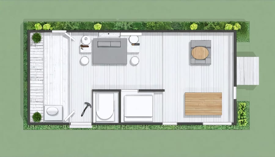 Overhead view of a multi-purpose shed layout with clearly marked zones