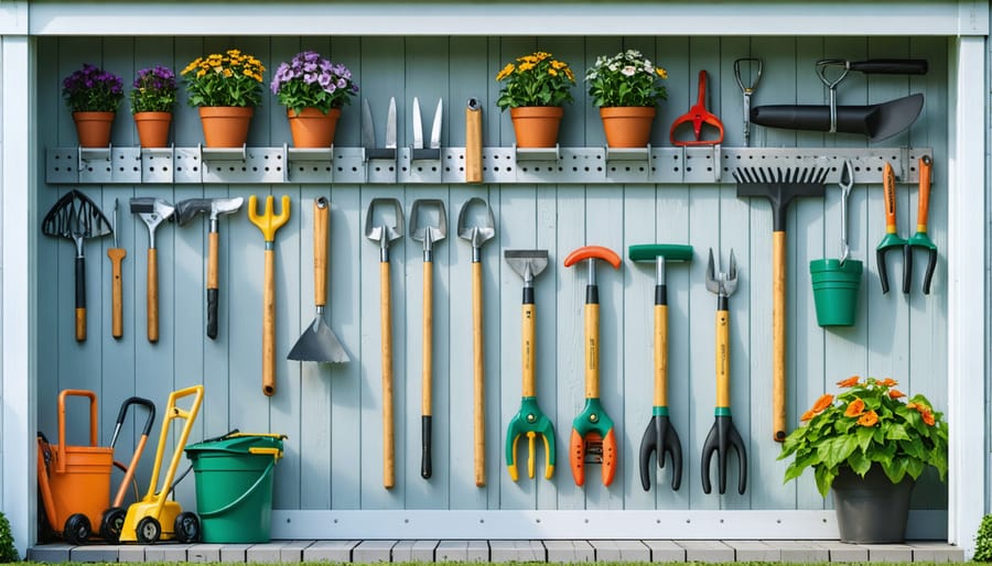 Well-organized garden shed showing efficient storage solutions for various yard maintenance tools