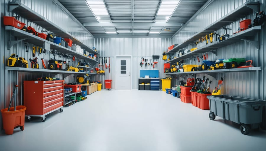 Well-organized two-level shed interior demonstrating effective storage solutions