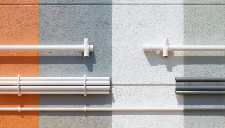 Side-by-side comparison of PVC, metal, and flexible electrical conduit types for outdoor use