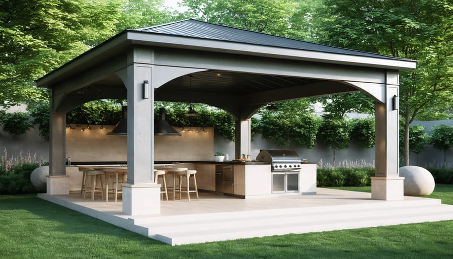 3-sided outdoor shelter configured as cooking and dining space with grill and furniture