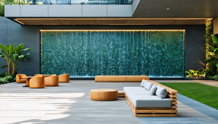 Peaceful backyard office setup with water feature creating white noise
