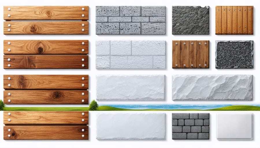 Display of outdoor shelving materials: teak wood planks, stainless steel panels, and HDPE samples