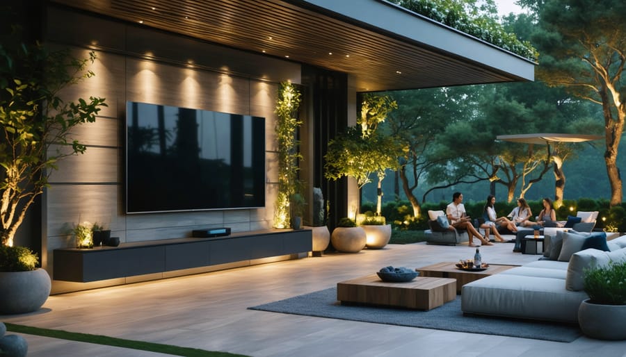 Luxury patio with a retractable TV system, partially concealed within a modern cabinet, set against a backdrop of greenery during an evening movie night.