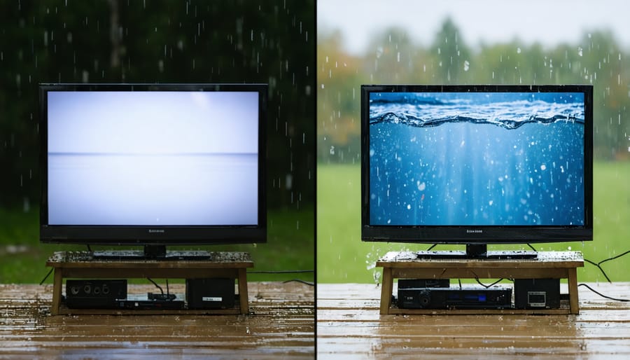 Side-by-side comparison of an exposed outdoor TV damaged by weather and a protected TV in retractable housing