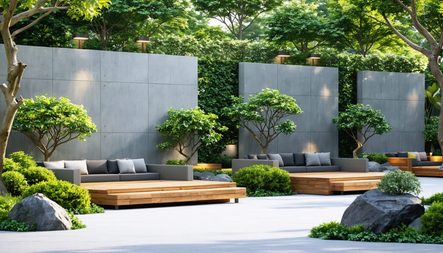 A tranquil outdoor workspace featuring modern noise reduction panels, blending seamlessly into a lush garden landscape with a hint of urban surroundings in the background.