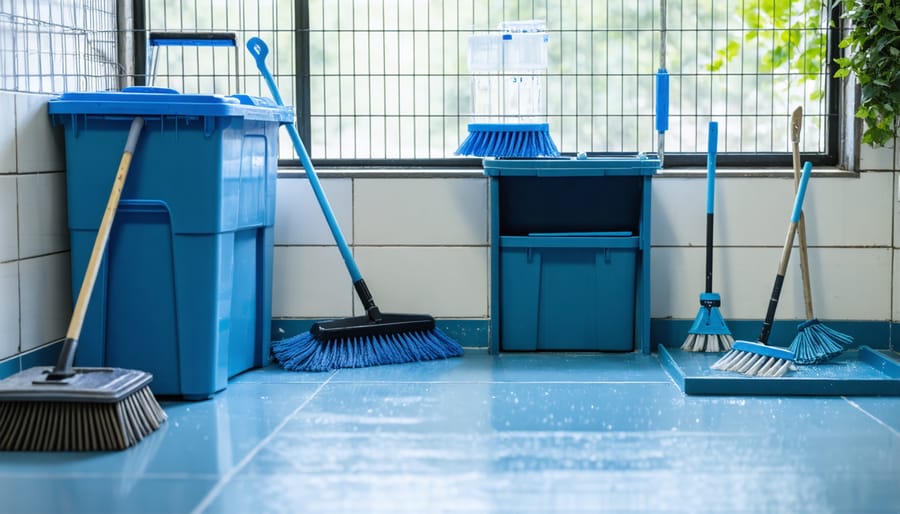 Professional cleaning station with sanitization equipment and storage for cleaning supplies in a pet facility