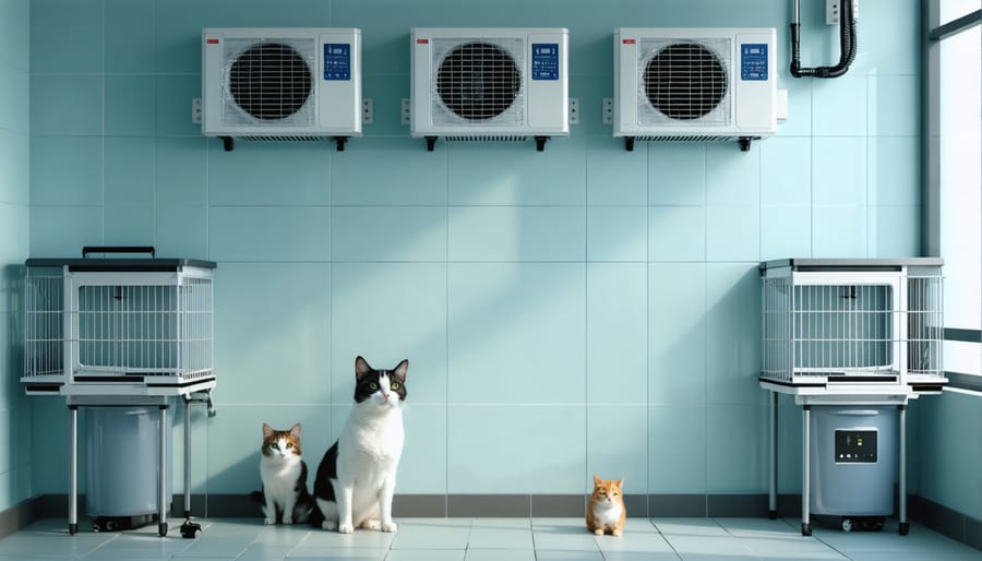 Modern pet room featuring ventilation fans, temperature monitors, and climate control equipment