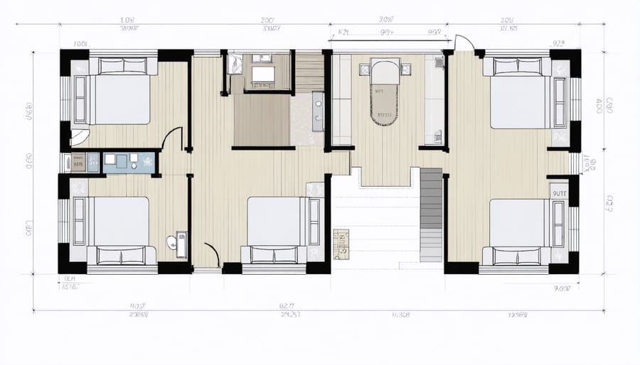 Architectural blueprint of a 3-bedroom pet shelter showing bedroom zones, play areas, and feeding stations