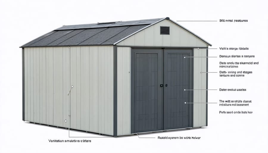 Technical illustration of quality storage shed features and construction elements