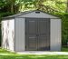 A premium quality storage shed displaying construction details such as reinforced hinges, durable roofing, and strategic ventilation in a picturesque backyard setting.